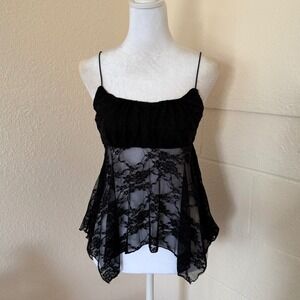 Just Polly Lace Sheer Camisole Women Medium Black Handkerchief Hem Fairycore